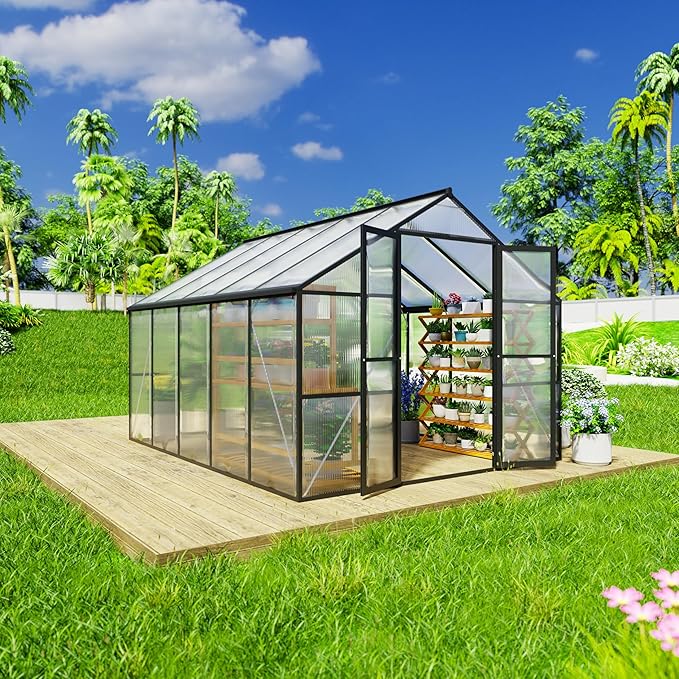 8 x 10 FT Outdoor Greenhouse Heavy-Duty Polycarbonate Greenhouse with Aluminum Frame Lockable Door Adjustable Roof Vent Walk-in Green House for Backyard Garden Patio