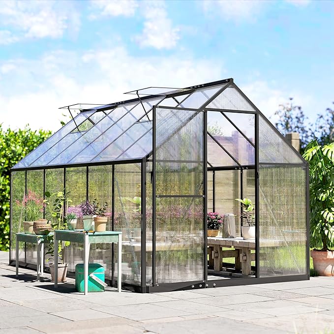 Outsunny 11x6 ft Polycarbonate Greenhouse with Swing Door and Two Adjustable Roof Vents Aluminum Walk-in Greenhouse Outdoor Greenhouse for Patio Garden Backyard Black