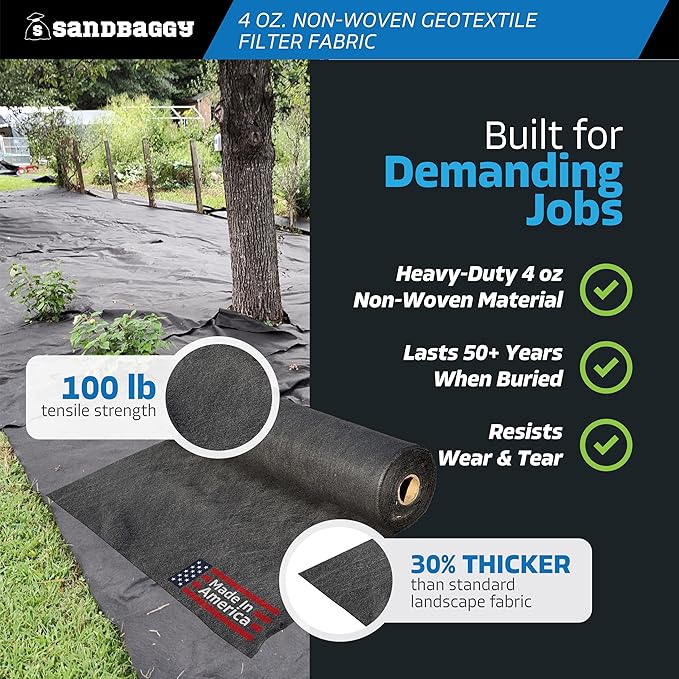 Heavy-Duty Sandbaggy Non-Woven Geotextile Landscape Fabric Roll Made in USA Lightweight Weed Barrier UV Protected 100 Lb Tensile Strength French Drain Erosion Control (6 ft x 25 ft Roll)