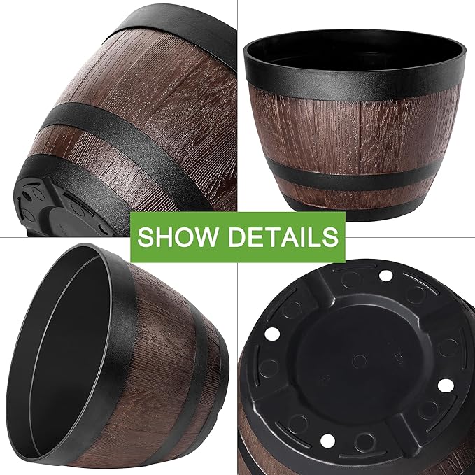 VECELO Plant Pots with Drainage Holes &amp Saucer 11.3 Inch Flower Pots with Tray 4 Pack Plastic Whiskey Barrel Planters for Indoor &amp Outdoor Garden Home Plants and Flowers