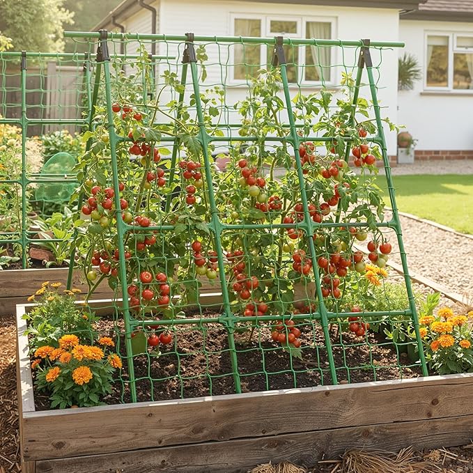 A-Frame Cucumber Trellis for Raised Bed - 63”H x 47”W Heavy-Duty Detachable Garden Trellis with Netting &amp Clips Support for Climbing Outdoor Cucumber Tomatoes Luffa Bitter Melon Vining Flowe