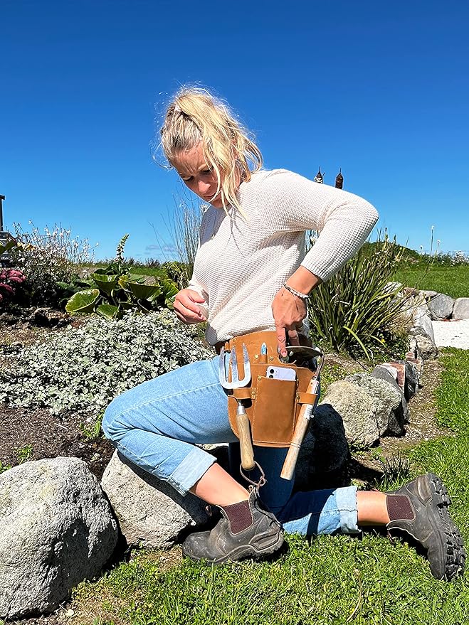 Rubys Collection™ Leather Garden Tool Belt- Gardening holster with pockets &amp Adjustable Waist Strap. Florist tool belt Leather Utility Belt &amp Women’s Garden Tool Pouch