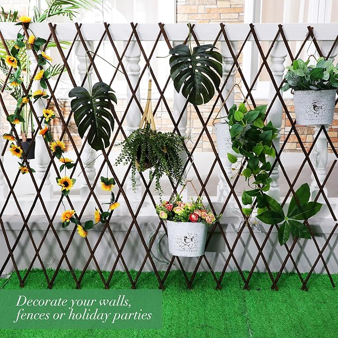 4 Pack Expandable Willow Trellis Lattice Fence Willow Fence Panel for Climbing Plants Garden Lattice Trellis Plant Support Open Screen Fencing Outdoor Decorative Wood