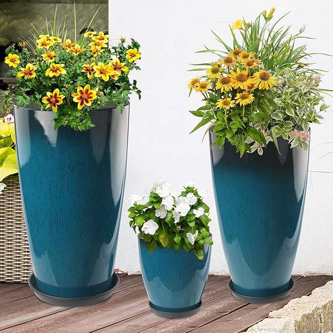 24-21-11 Inch Tall Planters Set of 3 Indoor Outdoor Blue Glossy Round Planter with Drainage Hole and Saucer Large Decorative Plant Pots for Home Garden Porch (Blue)