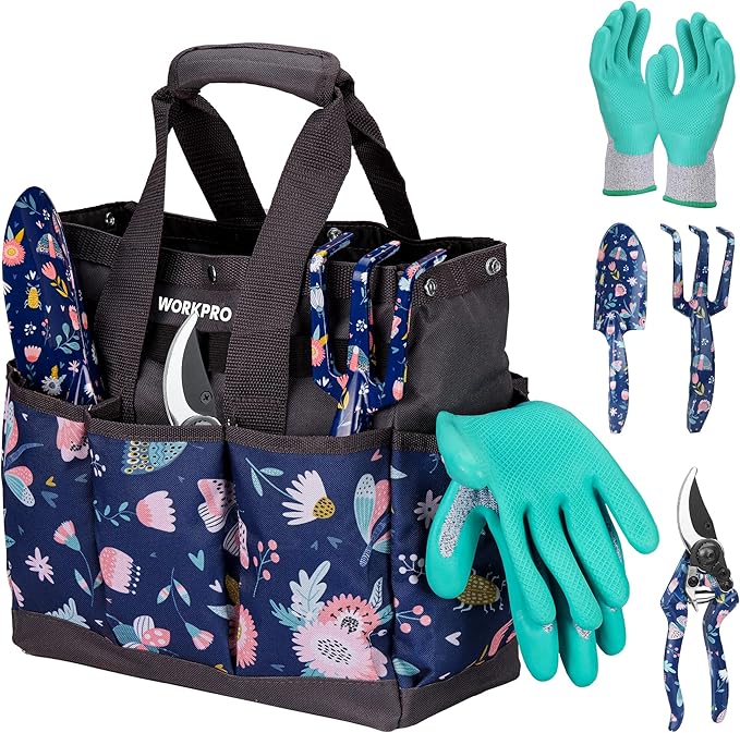 WORKPRO 5PCS Garden Tool Set Aluminum Heavy Duty Gardening Tool Set with Garden Tool Bag Outdoor Garden Hand Tools Blue Insect and Flower