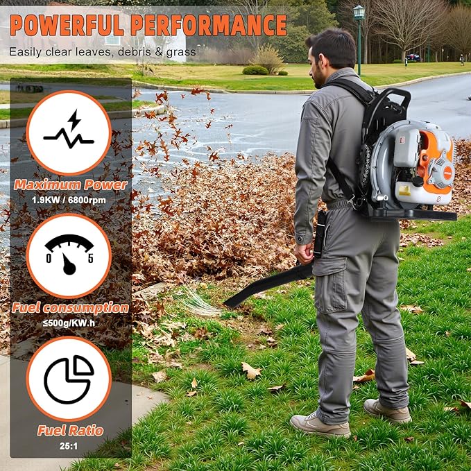 Backpack Leaf Blower 52CC 2-Stroke Gas Powered Leaf Blower 550CFM 1.25KW Air-Cooled Power Blower Snow Blower for Lawn Care Yard Dust Debris (Grey A)