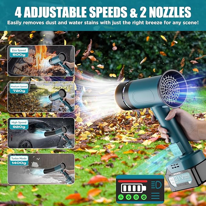 Hamos Powerful Car Dryer Air Blower 670CFM Airflow 4-Speed 4Lb Max Thrust 4.0Ah Battery and Charger 2 Extended Tube &amp LED Super Electric Leaf Blower for Car/Lawn/Garage/Patio/Yard (Black Blu