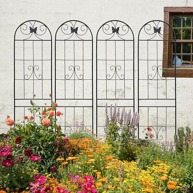 4 Pack Metal Garden Trellis for Climbing Plant Rose Stand Black Outdoor 86.7'' Tall Flower Support Iron Garden FenceBlack 4pack