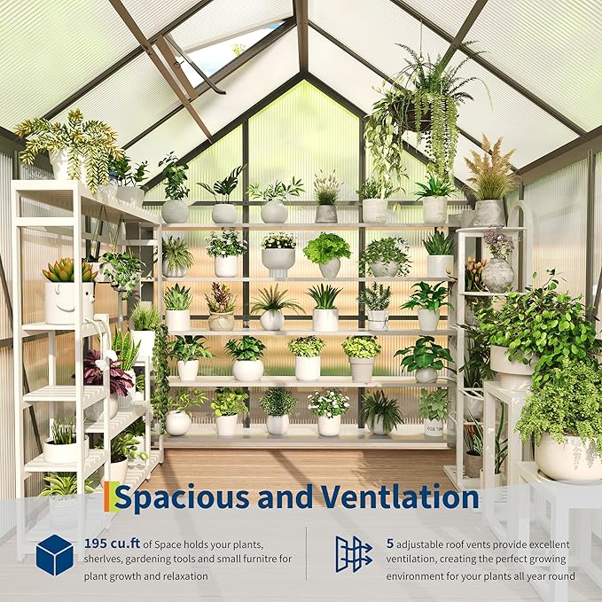 6X6FT Walk-in Polycarbonate Greenhouse Outdoor Weatherproof Greenhouse Kit with Adjustable Roof Vent Sliding Door &amp Gutter Drainage Portable Green House for Patio Backyard Winter Gardening