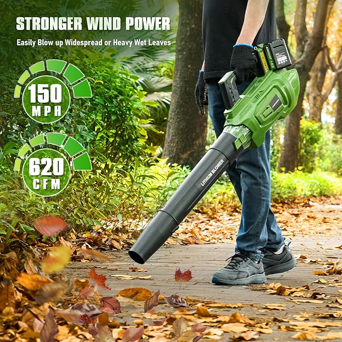 Brushless Leaf Blower Cordless 40V 620CFM Leaf Blower with 2 × 4.0Ah Battery and Charger 5 Speed Modes Powerful blowers for Lawn Care Patio Blowing Leaves Dust Snow Green