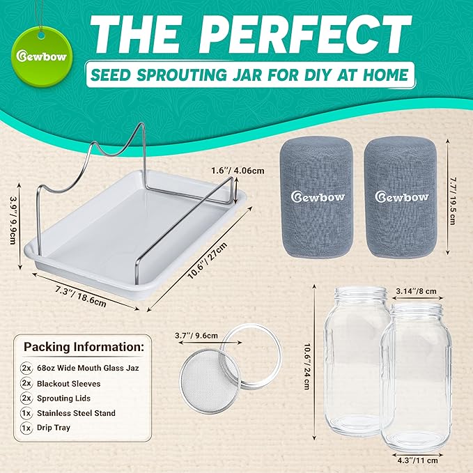 [LARGE SIZE] 2000ml(68oz) Seed Sprouting Mason Jar Kit with StandDrain Tray Screen LidsBlackout SleevesGood Ventilation &amp Drainage CapacityGrowing Fresh Organic Mung BeansBroccoli &amp Micr