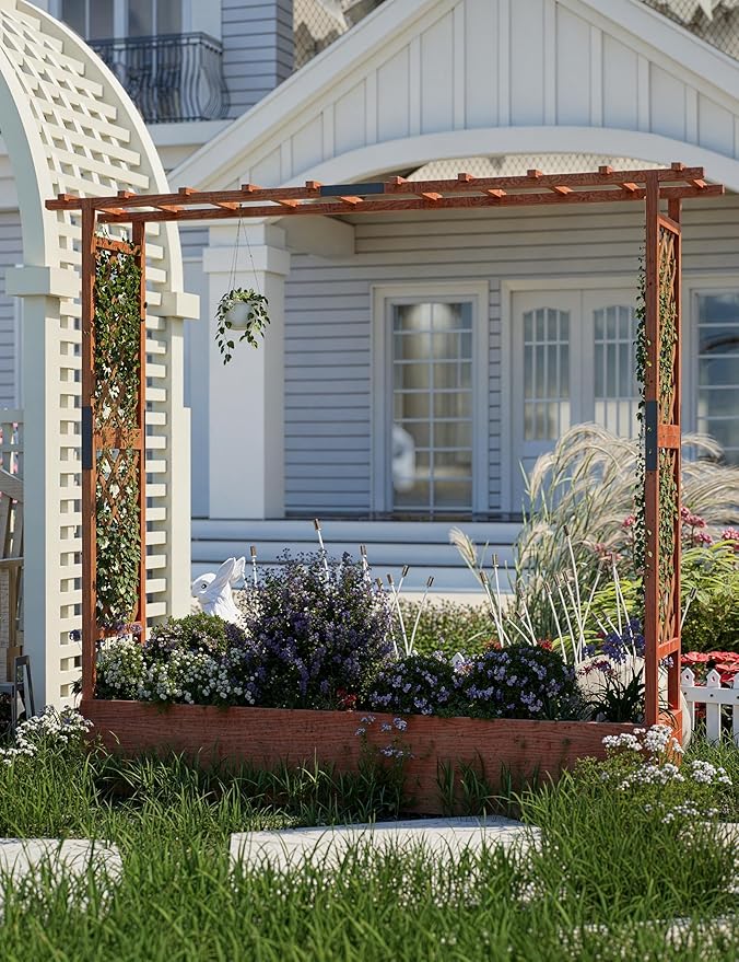 Raised Garden Bed with Trellis Wood Planter Box with Hanging Roof Side Trellis &amp Drainage Freestanding Garden Planter for Climbing Plants Vegetables Flowers