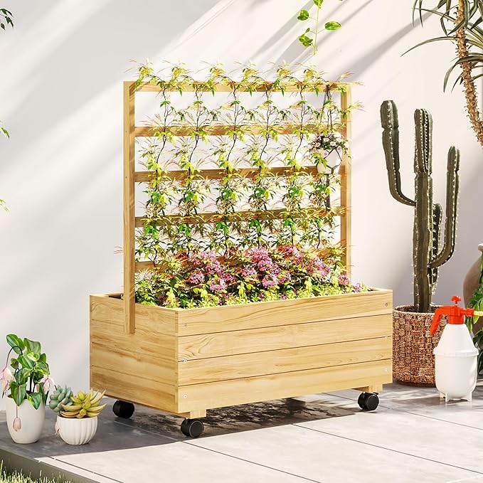 Outsunny Raised Garden Bed with Trellis and Wheels Outdoor Wooden Elevated Planter Box Freestanding Raised Flower Bed for Climbing Plants Flowers Herbs and Vegetables Natural