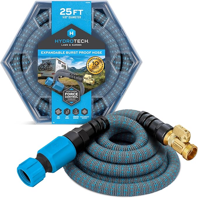HydroTech 5/8 25 ft Expandable Garden Hose - Flexible Lightweight Durable and Burst-Proof Hose with Reinforced Latex Core and Solid Brass Fittings - Great for Lawn Care Garden and Car Washing
