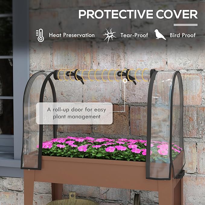 Outsunny Raised Garden Bed with Greenhouse Cover Large Metal Outdoor Elevated Planter Box with Lockable Wheels Storage Shelf and Drainage Hole for Vegetables Flowers Herbs Brown