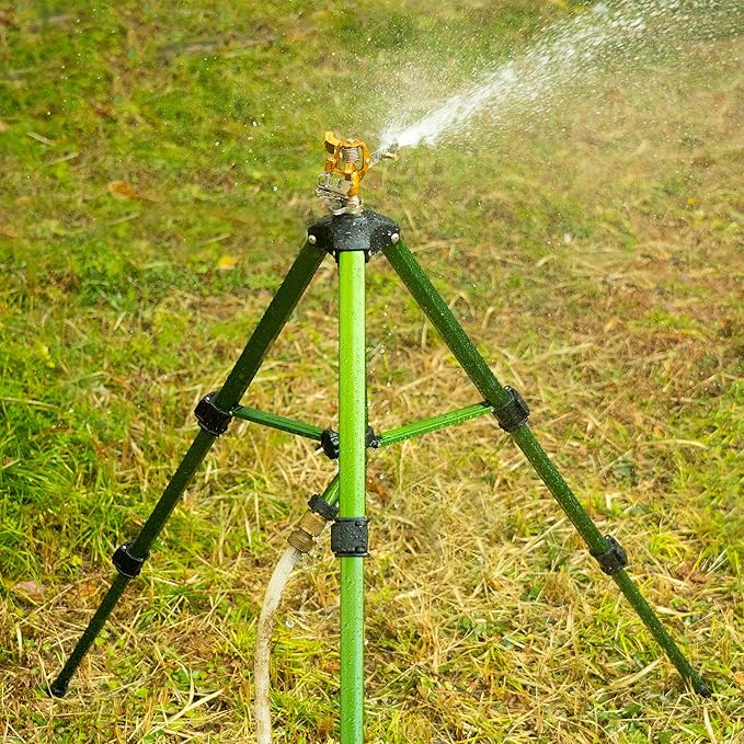 Hourleey Impact Sprinkler on Tripod Base Heavy Duty Brass Sprinklers for Yard Lawn Garden 0-360 Degree Large Area Coverage 3/4 Inch Connector Extension Legs Flip Locks with Brass Sprinkler Head