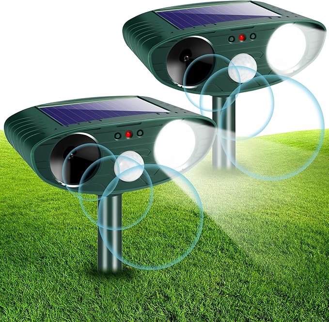 Solar Ultrasonic Animal Repellent Outdoor Cat Repellent Deer Repeller Animal Deterrent Devices for Squirrel Rabbit Raccoon Dog Coyote Rodent Skunk Out of Yard Garden Lawn2 Pack