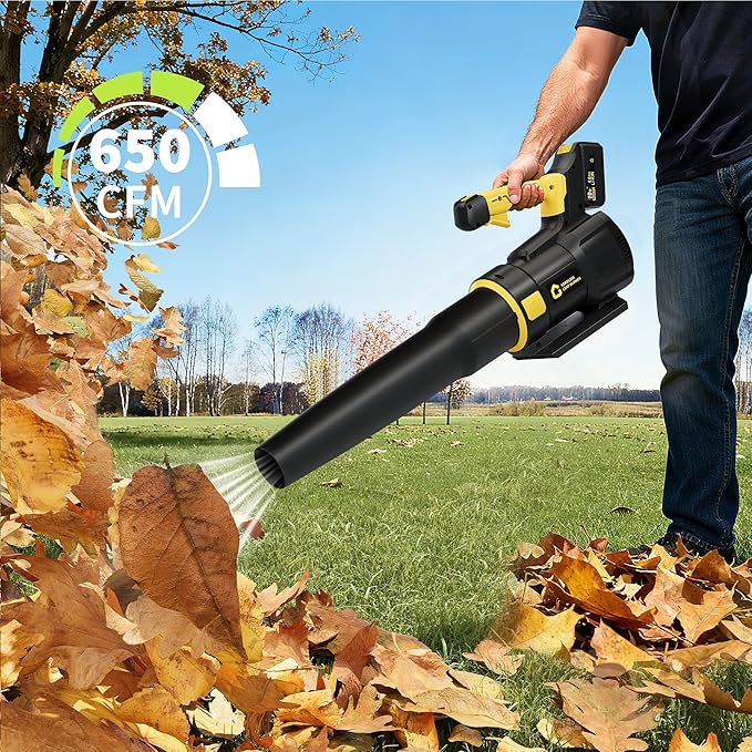 Electric Leaf Blower - 650CFM &amp 200MPH Leaf Blower Cordless with 20V 4.0Ah Battery and Charger Variable Speed Powered Leaf Blowers for Lawn Care Blowing Leaves Dust Snow - Yellow