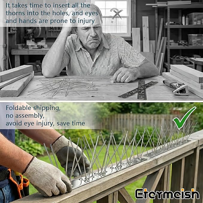 Stainless Steel Bird Spikes for PigeonsPre-AssembledAnti Bird Deterrent Spikes for Woodpeckers Squirrels RaccoonsWeatherproof Fence Spikes for Roof RailingPatio 9.84 Feet