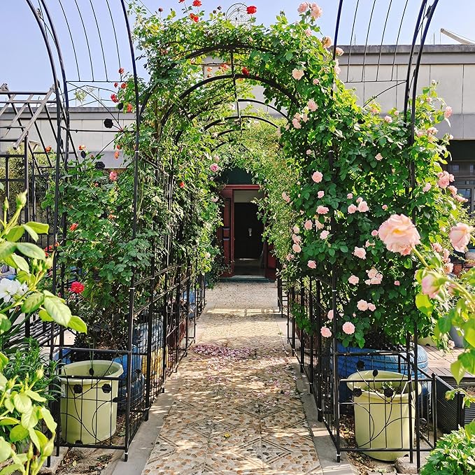 Metal Garden Arch with Two Plant Stands 79.5'' Wide x 86.6'' High Climbing Plants Support Rose Arch Outdoor Black