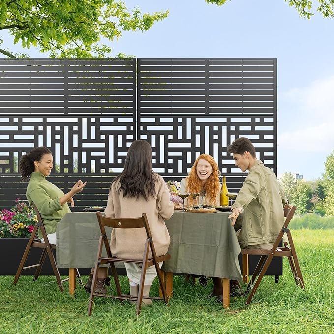 Casaphoria Metal Raised Garden Bed with Trellis and Wheels 72x47x16 Planter Box for Climbing Plants Vegetables &amp Vines Features Drainage Holes and Privacy Screen Black(Louvered&ampHelen)