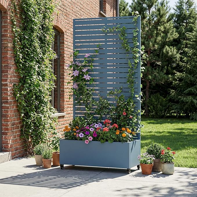 Casaphoria Metal Raised Garden Bed with Trellis and Wheels 72x35x16 Planter Box for Climbing Plants Vegetables &amp Vines Features Drainage Holes and Privacy Screen Blue-Louvered