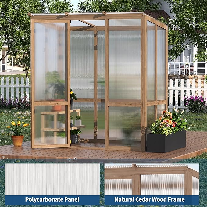 4x6FT Wooden Greenhouse with Cedar Frame Outdoor Wood Greenhouses with Roof Vent Wood and Polycarbonate Walk-in Greenhouse
