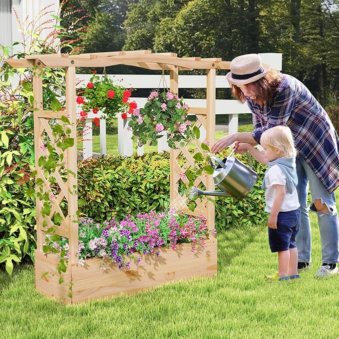 Giantex Raised Garden Bed with Sided Trellis &amp Hanging Roof Wood Planter Box Freestanding Garden Planter Raised Bed for Flowers Herbs Climbing Vines 44”x14”x45” (L x W x H)