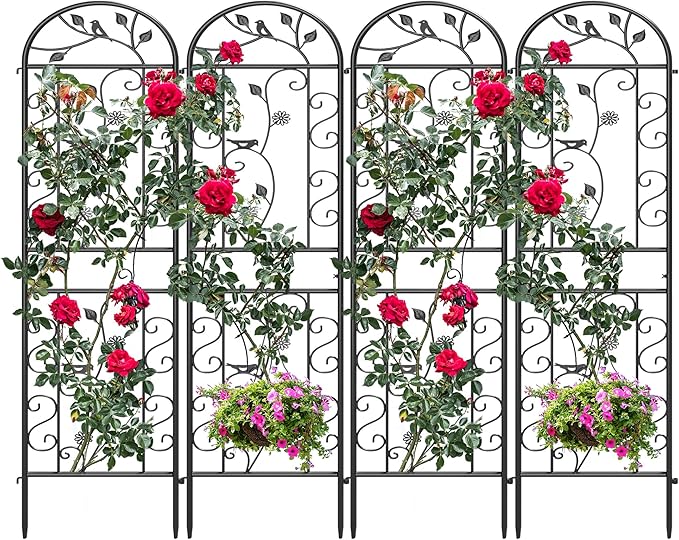 4 Pack 87x20in Garden Trellises Daisy &amp Bird Black Metal Coated Rustproof Trellis for Climbing Plants Outdoor Roses Vegetables Vines Cucumbers