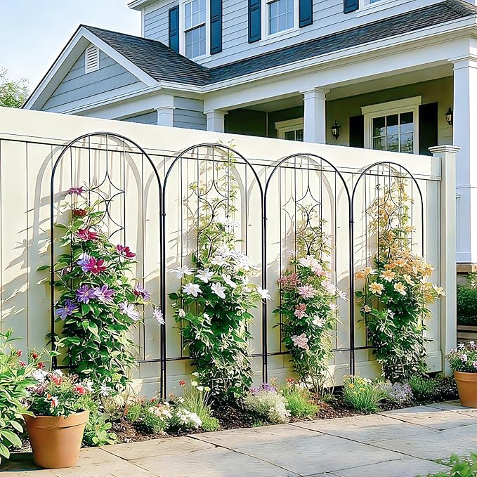 4 Pack Arched Metal Garden Trellis for Climbing Plants 45 H x 15.9 W Rustproof Iron Trellis with Decorative Scrollwork Perfect for Roses Vines and Flower Beds
