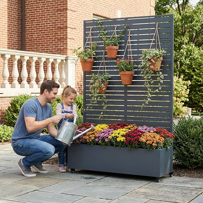 Casaphoria Metal Raised Garden Bed with Trellis and Wheels 72x47x16 Planter Box for Climbing Plants Vegetables &amp Vines Features Drainage Holes and Privacy Screen Drakgrey-Louvered