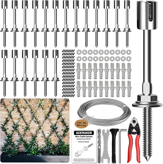 Wire Trellis for Climbing Plants Outdoor 20-Set Wall Wire Trellis Kit with 5/64(2mm) x 98ft Stainless Steel Cable &amp Cutter T316 Espalier System for Fence and Garden DIY Projects