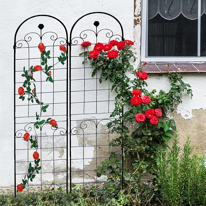 4 Pack Black Metal Garden Trellis for Climbing Plants Outdoor Plant Support Rose Trellis Netting Design for Garden Screen Patio Practical