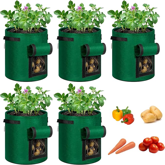 VIVOSUN 5-Pack 10 Gallon Potato Grow Bags for Growing Potatoes Fabric Potato Pots with Handle and Roll-up Window Potato Growing Containers Potato Planter Potato Planter for Growing Potatoes Green