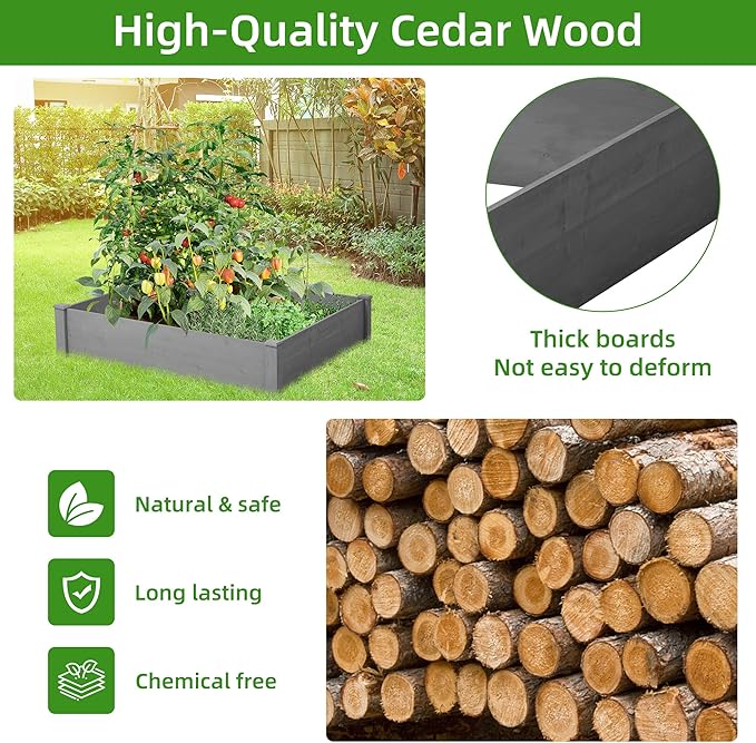 Raised Garden Bed 48x48x10'' Outdoor Wood Planter Box Over Floor Tool-Free Assembly
