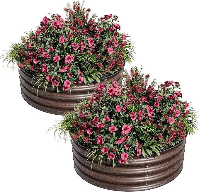 2 x 1FT Round Galvanized Raised Garden Bed – Metal Planter Box Kit with Rust &amp Corrosion Protection Safe Rubber Edge Open Bottom Design – Easy Assembly for Vegetables Flowers Fruits