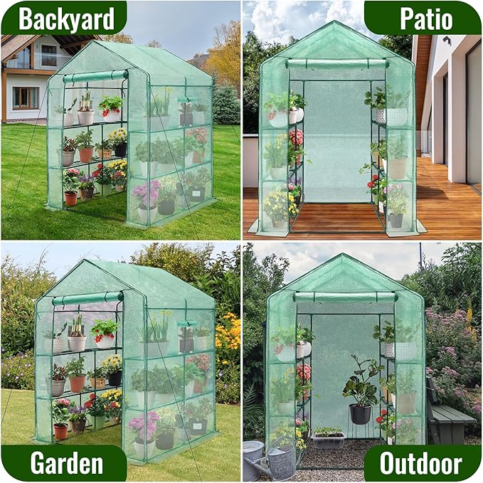 Greengro Greenhouse 57 x 57 x 76'' Greenhouses for Outdoors Durable Green House Kit with Window Thicken PE Cover 3 Tiers 8 Shelves Heavy Duty Walk in Green Houses for Indoor Backyard Outside