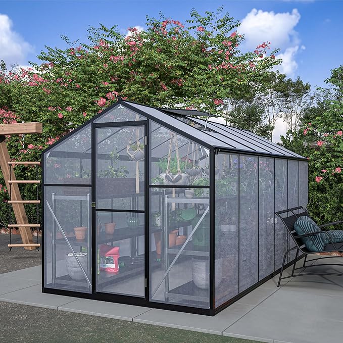 6x12 FT Walk-in Greenhouse Kit with Polycarbonate Panels &amp Aluminum Frame Green Houses for Outside with 2 Vents Greenhouses for Outdoors with Lockable Door Backyard Discovery Greenhouse (Black)