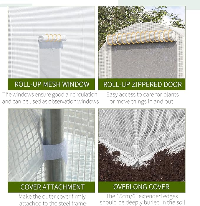 【LuckyNote】 15' x 7' x 7' Walk-in Tunnel Greenhouse Large Garden Hot House Kit with 6 Roll-up Windows &amp Roll Up Door Steel Frame White
