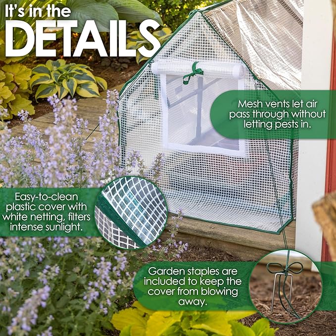 Garden Elements Indoor/Outdoor Metal Frame Plastic Covered Cloche Angled Tunnel Greenhouse with Mesh Vents White Mini 47”
