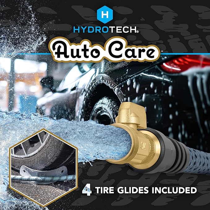 Hydrotech 60 ft Garden Hose – Patented Force Control Burst-Proof Lightweight Flexible No-Kink Design 5/8 4 Tire Hose Guides Ideal for Car Wash &amp Automotive Care