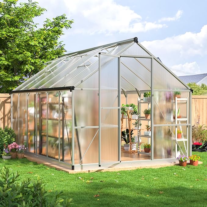 8×12 FT Walk-in Greenhouse for Outdoors Polycarbonate Greenhouse Kit with Roof Vent Large Heavy Duty Green Houses for Outside Backyard Patio Garden Sliver