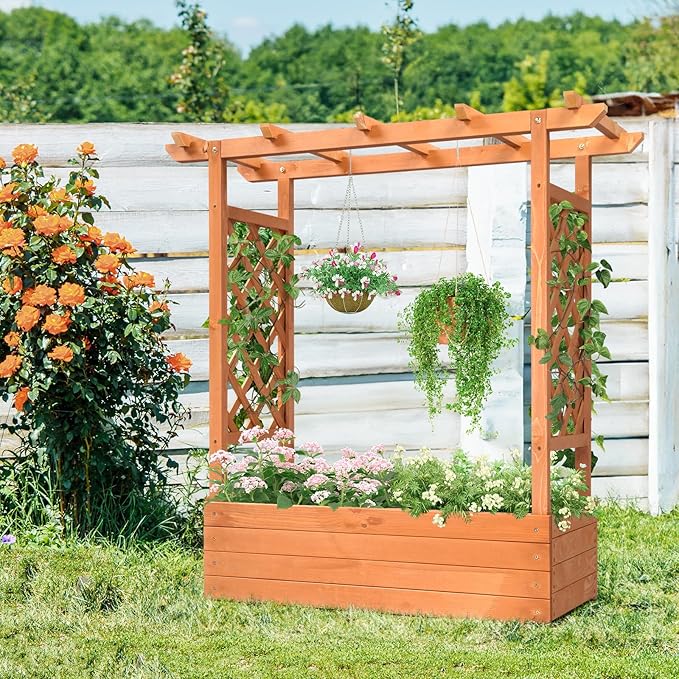 Vasitelan Raised Garden Bed with Trellis Wooden Elevated Planter Box w/Drainage Holes &amp Removable Bottom Panels for Climbing Vine Flower Indoor Outdoor Wood Planter for Yard Patio