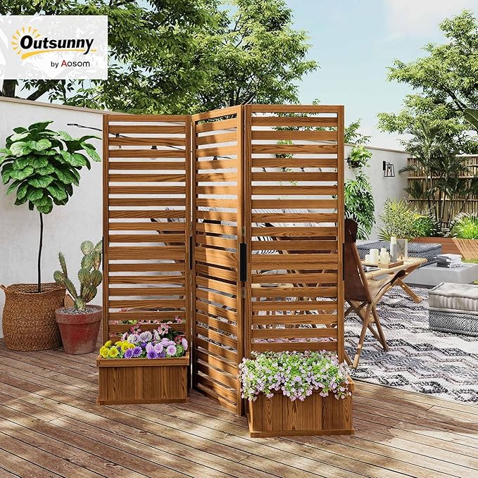Outsunny Freestanding Outdoor Privacy Screen 4 Self-Draining Planters/Raised Garden Beds 3 Hinged Panels for Hot Tub Patio Backyard Deck Natural