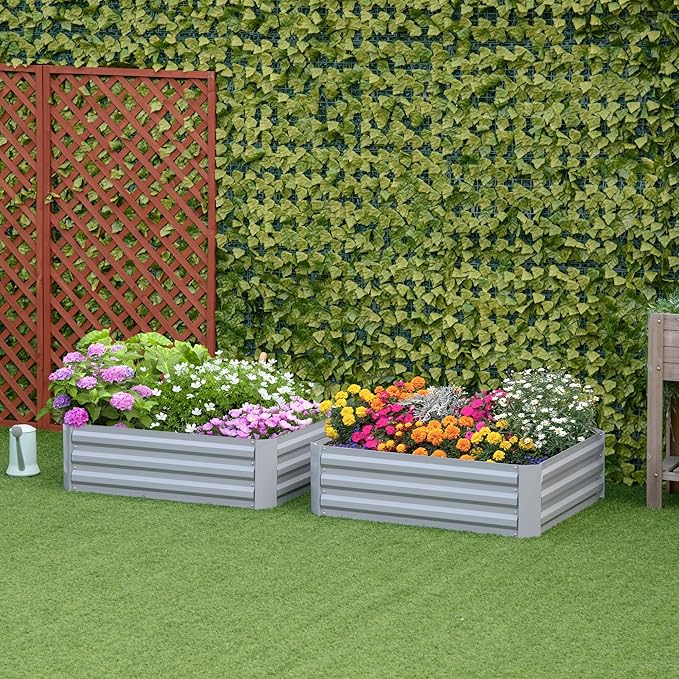 2 Pcs Galvanized Raised Garden Bed 3.3' x 3.3' x 1' Metal Planter Box for Growing Vegetables Flowers Herbs Succulents Gray