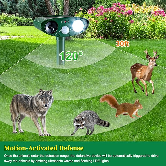 4 Pack Solar Animal Repeller for Raccoons Deer &amp Squirrels - Ultrasonic &amp Strobe Light Outdoor Deterrent for Cats Dogs Raccoons Rabbits Skunks Foxes &amp More