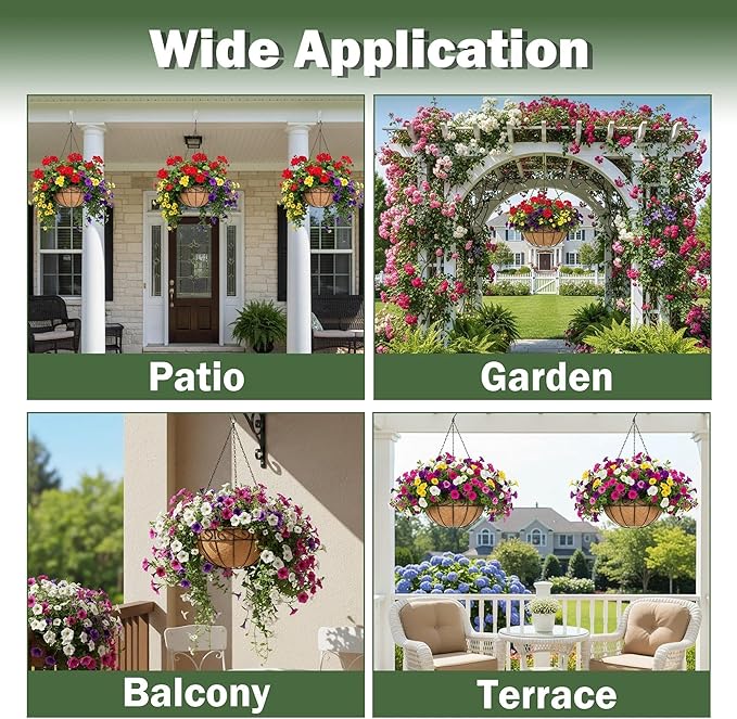 4 Pack 10 Inch Hanging Baskets for Plants Outdoor Metal Hanging Planter Basket with Coco Coir Liner Hanging Flower Baskets Hangings Flower Pots Holder for Garden Patio(Flower)