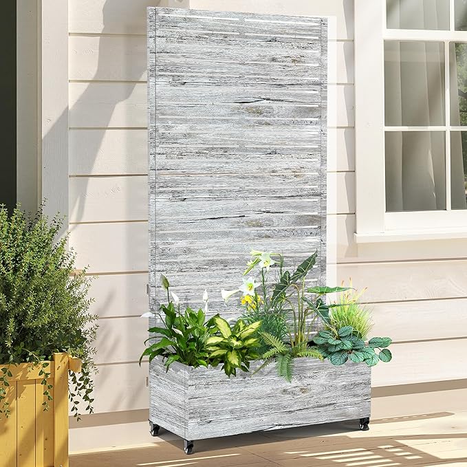 Raised Garden Bed with Trellis and Wheels73x35x16 Metal Raised Garden BedWhite Wood Finish Metal Planter with Climbing Trellis for Vines &amp Vegetables