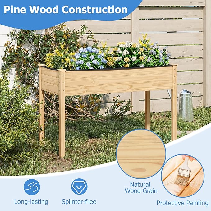 COSTWAY Raised Garden Bed Elevated Wood Planter Box Stand with Legs for Vegetables Flowers &amp Herbs Standing Growing Bed for Backyard Patio Balcony 47 x 22.5 x 30 Natural