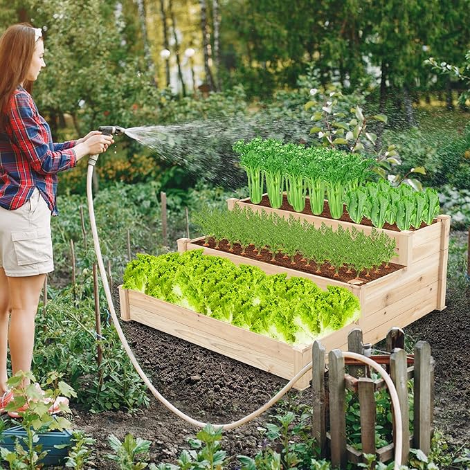 3 Tier Wooden Raised Garden BedTiered Outdoor Elevated Flower BoxHorticulture Open-Bottom Planter Raised Garden BedVegetables Growing Planter for Backyard Patio Gardener Wood Color
